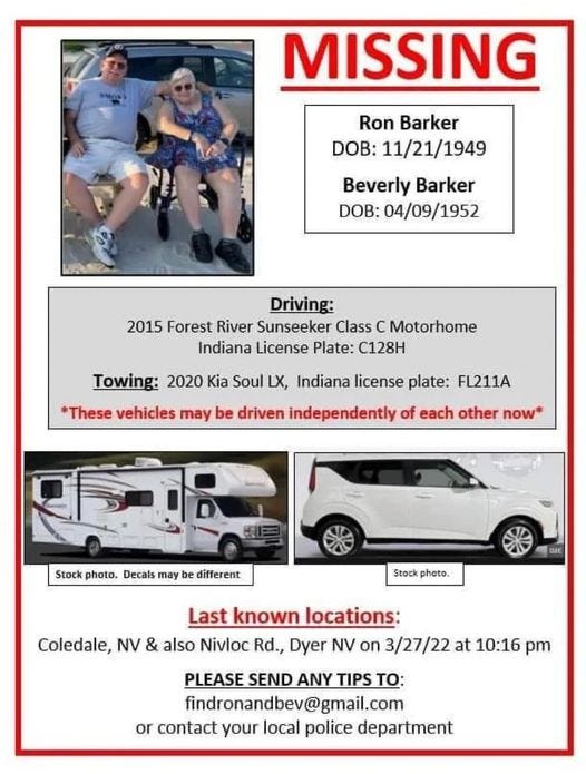 Flyer searching for missing couple Ron and Beverly Barker