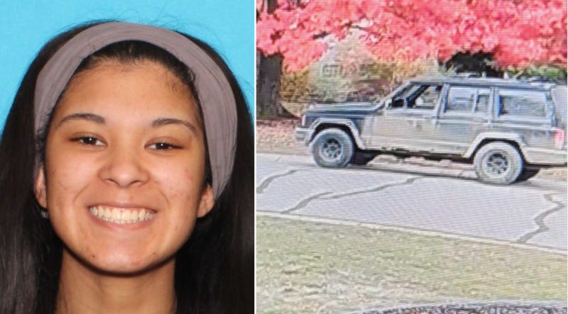 Janella Arlene Nicholas, left, with Jeep she may have left the area in. 