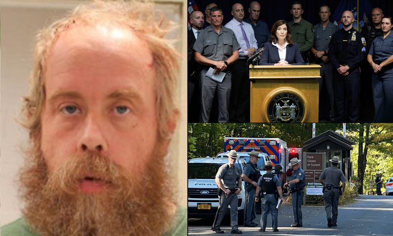 A booking photo of Craig Nelson Ross Jr. (left); Gov. Kathy Hochul at a news conference Monday night (right); Police at the entrance to Moreau Lake State Park (bottom right)