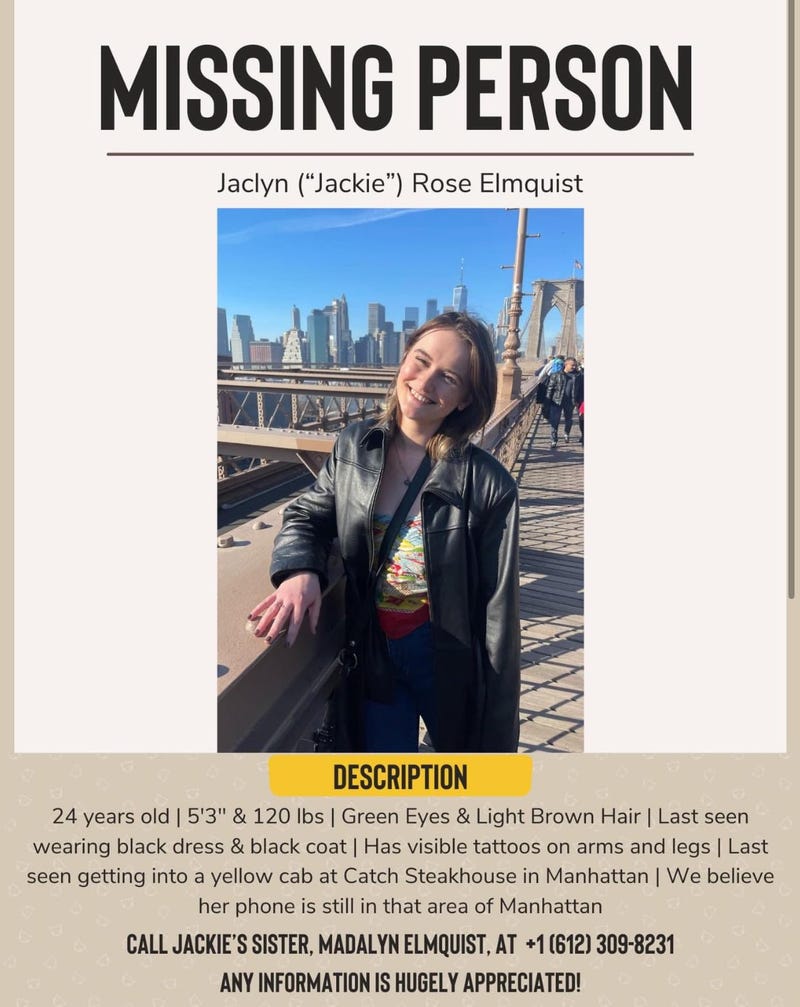 Jaclyn Elmquist's family circulated a "Missing" poster after she failed to return home after a work event Thursday.