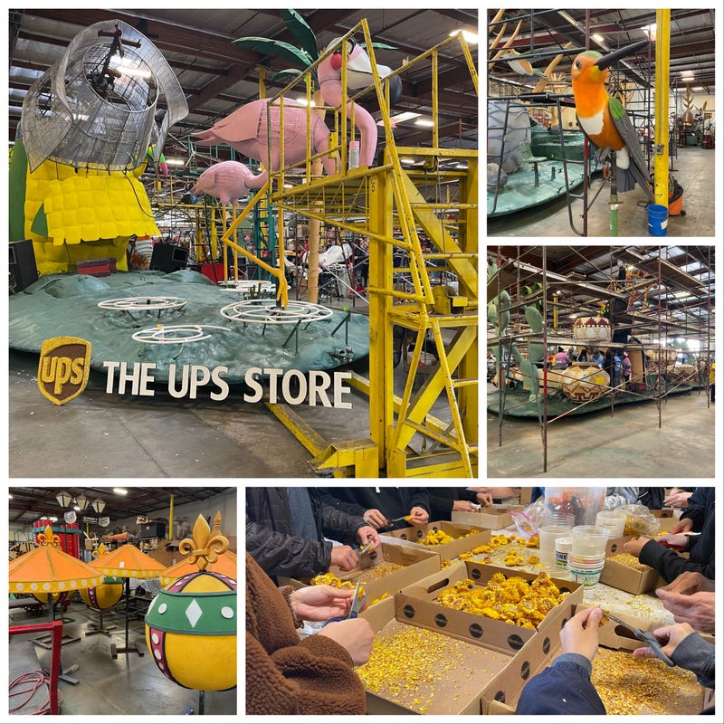 Final touches being added to the floats for the upcoming Rose Parade.