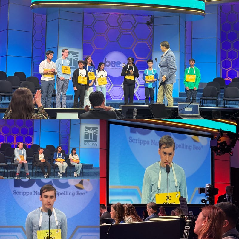 Oliver competing in the spelling bee. 