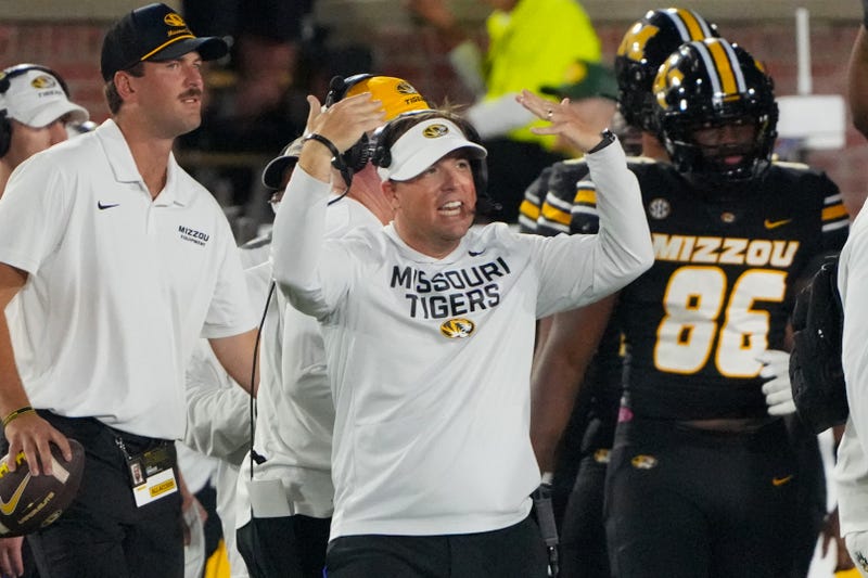 Sep 20, 2025; Columbia, Missouri, USA; Missouri Tigers head coach Eli Drinkwitz gestures on the sidelines against the South Carolina Gamecocks during the second half of the game at Faurot Field at Memorial Stadium. Mandatory Credit: Denny Medley-Imagn Images