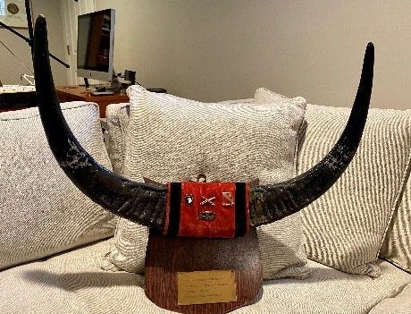 Monteverde showed off water buffalo horns, which was given to him by some of his soldiers when he left the command.