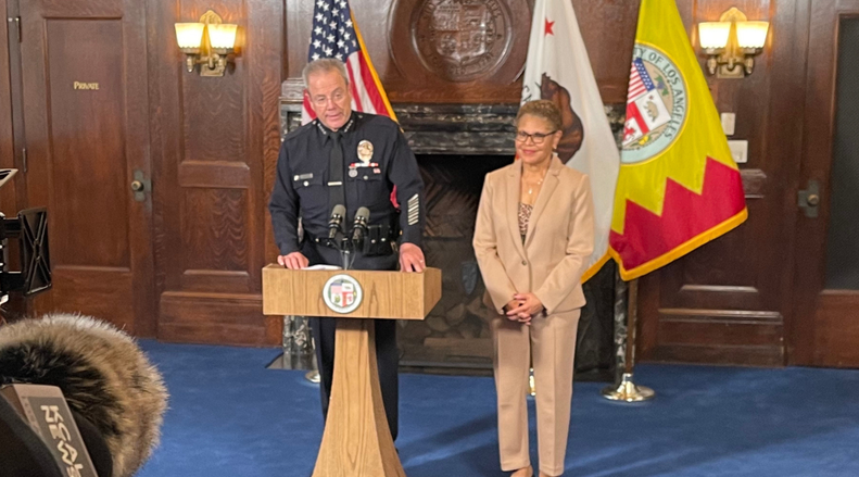 Chief Michel Moore and Mayor Karen Bass
