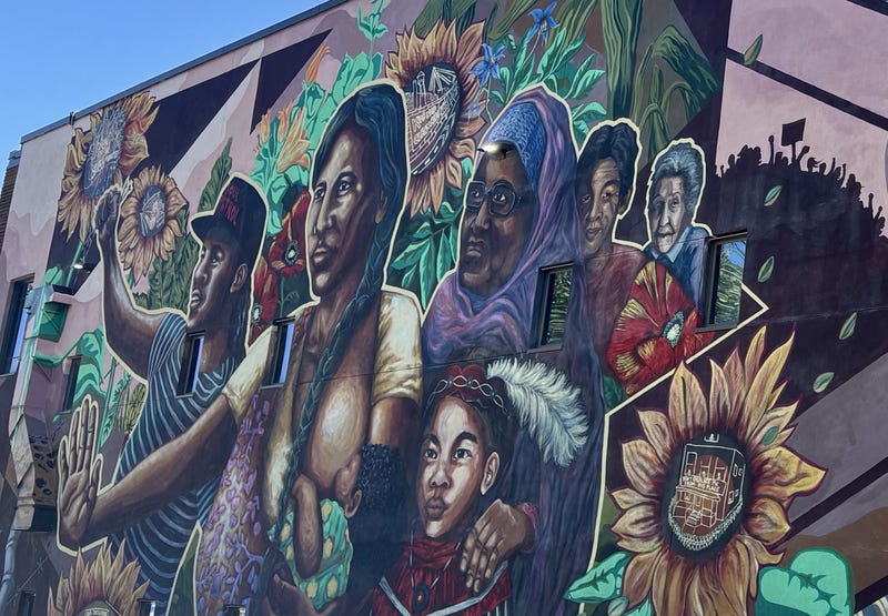A 4,000 square foot mural exploding with color and depicting Native history and values. It’s part of the Franklin Avenue Cultural Corridor in Minneapolis, brimming with art, a staple of the culture.