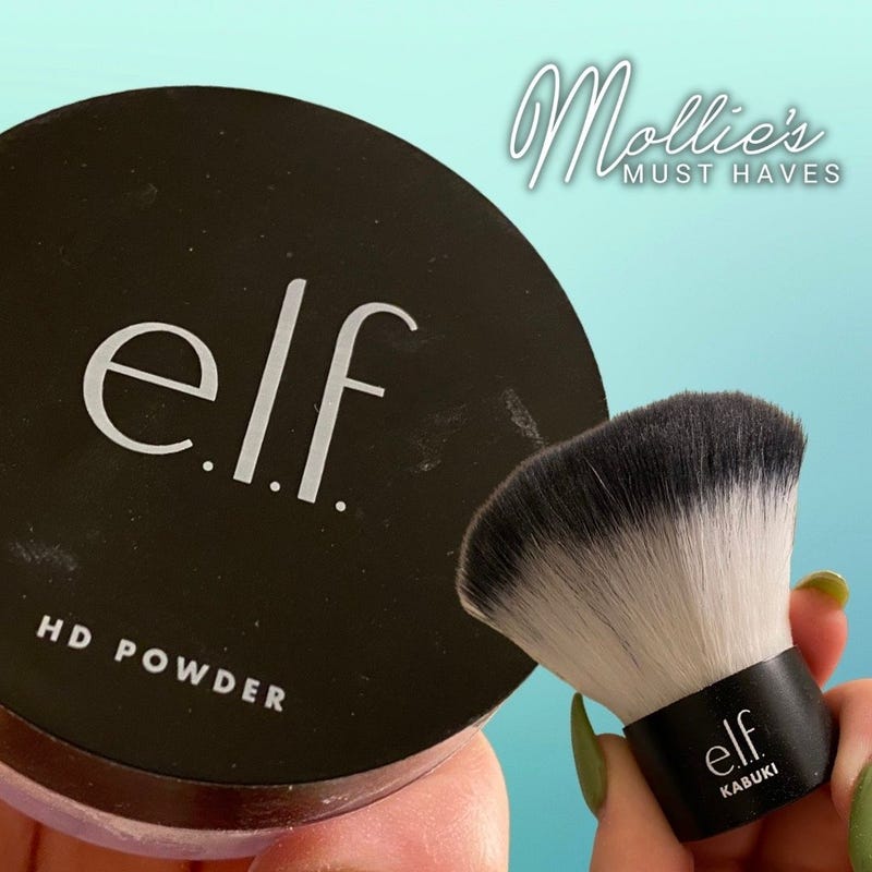 elf HD Powder and elf kabuki brush on blue background