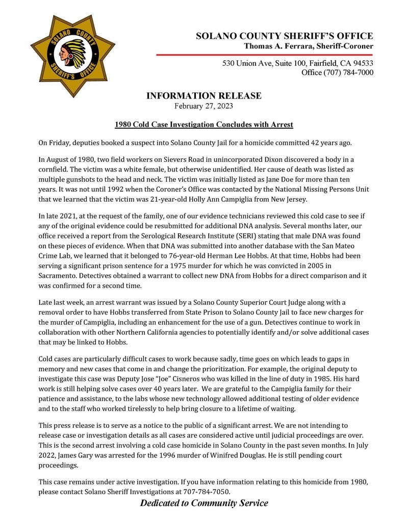 text document from the Solano County Sheriff's Office on the conclusion of the cold case of the 1980 killing of a New Jersey woman