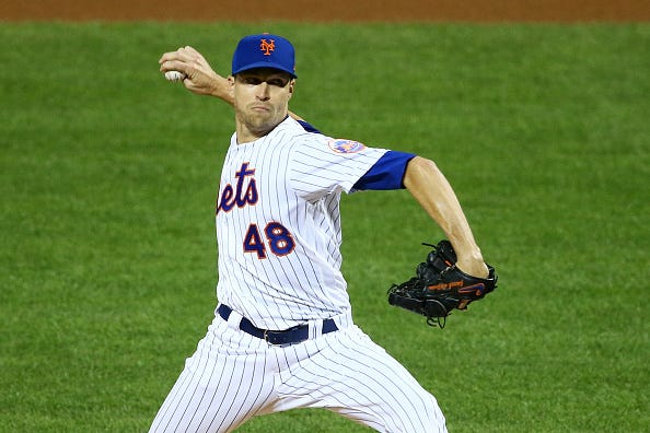 Jacob deGrom hurls a pitch for the Mets. 