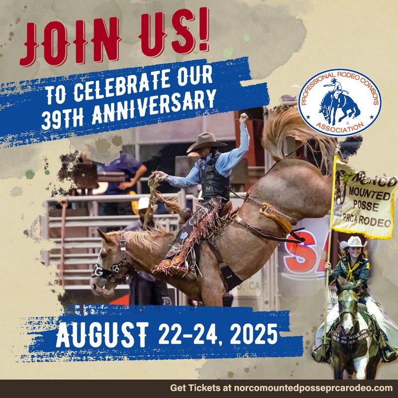 Norco Mounted Posse PRCA Rodeo flyer with cowboy riding a bull
