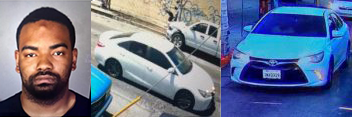 Mugshot of young Black man with facial hair, surveillance footage of white Toyota Camry