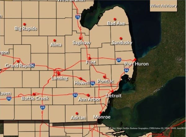 Map of southeast Michigan, showing the areas affected by a wind advisory