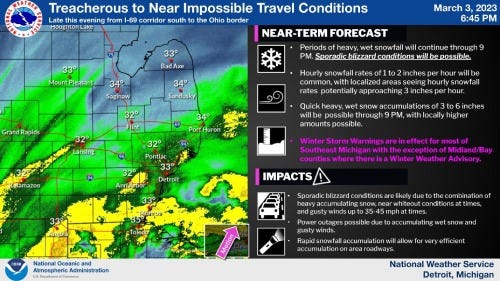 Map showing Friday evening winter storm conditions across southeast Michigan