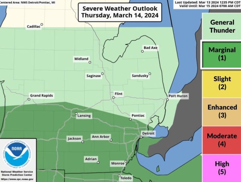 Map of National Weather Service's Severe Weather Outlook in Michigan on Thursday