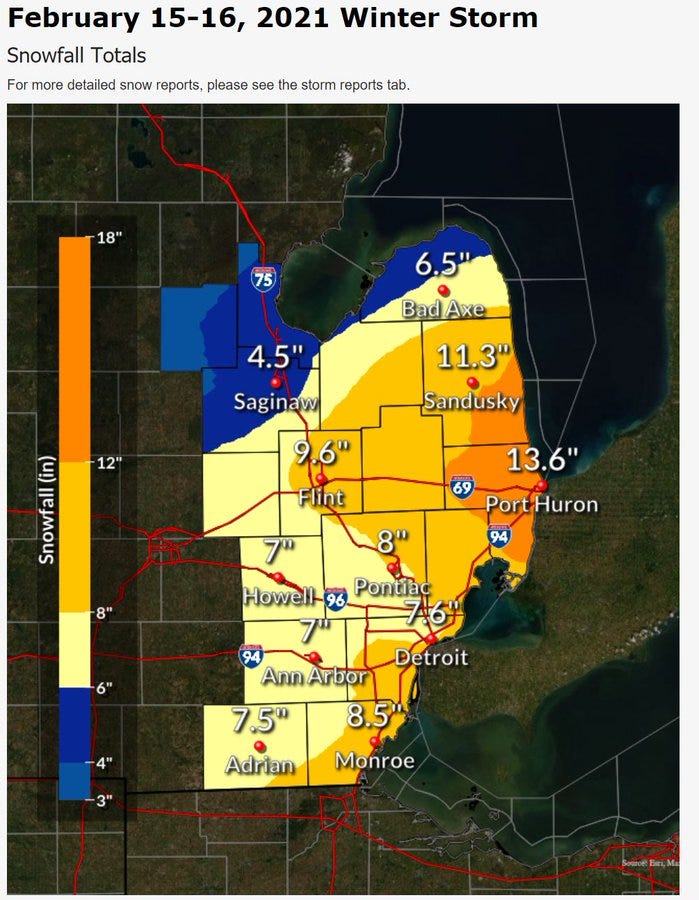 metro Detroit snow totals
