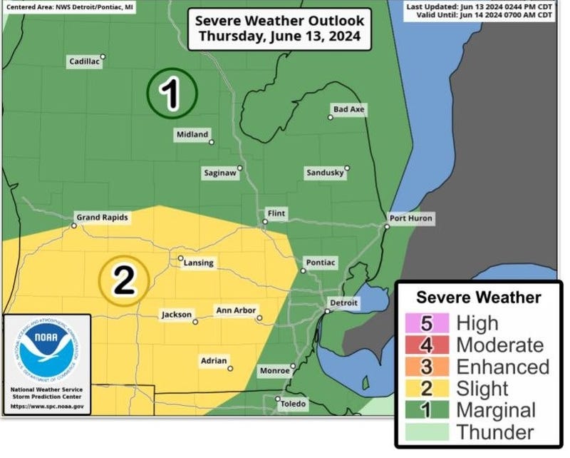 Map of Michigan's severe weather outlook