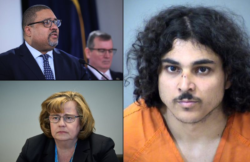 Democratic Manhattan D.A. Alvin Bragg (upper left) is at odds with Republican Maricopa County Attorney Rachel Mitchell (lower left) over the extradition of Raad Almansoori (right) from Arizona to New York in the killing of Denisse Oleas-Arancibia at the SoHo 54 Hotel