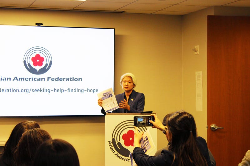 NYS Sen. Iwen Chu addressed the findings of a new study at an Asian American Federation press conference held on Feb. 22, 2024.