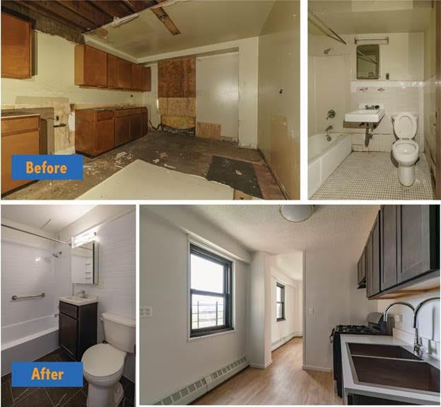 Before and after interior renovations at Armstrong II (top) and Williams Plaza (bottom).