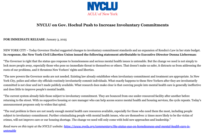 The NYCLU criticized Hochul's proposal