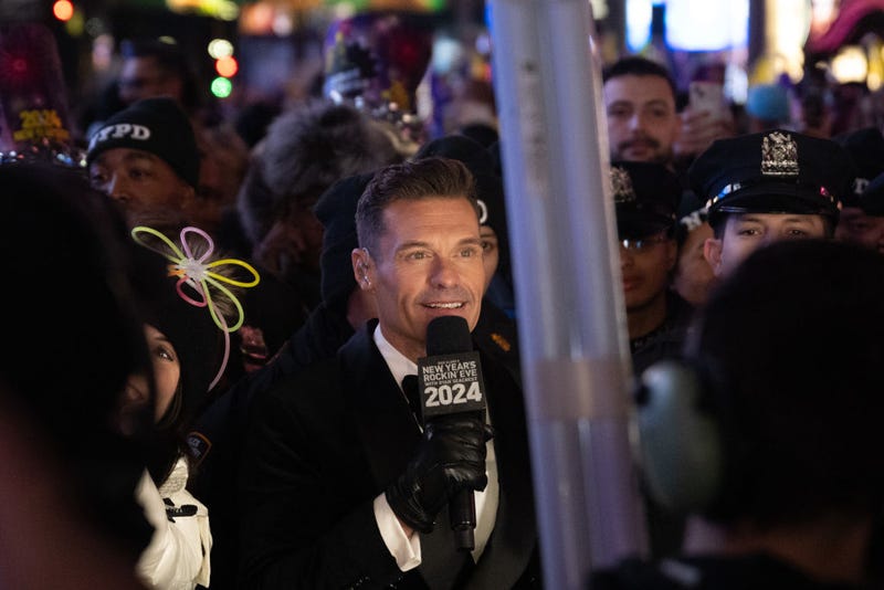 Ryan Seacrest talks on camera during New Year's Eve in Times Square on Jan. 1, 2024.