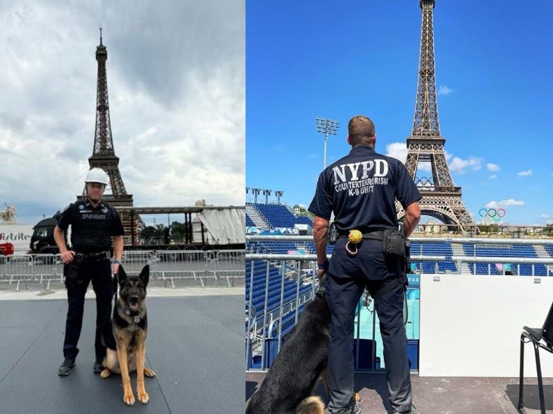 NYPD assets from the K-9 unit were sent to Paris in July to help with security for the Summer Olympics.