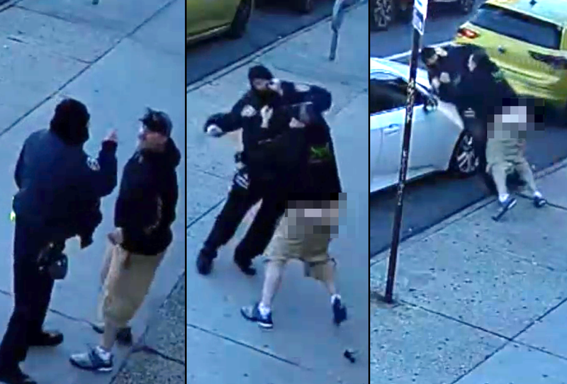 Video shows the driver pummeling the NYPD traffic agent as his pants fall down on Monday afternoon