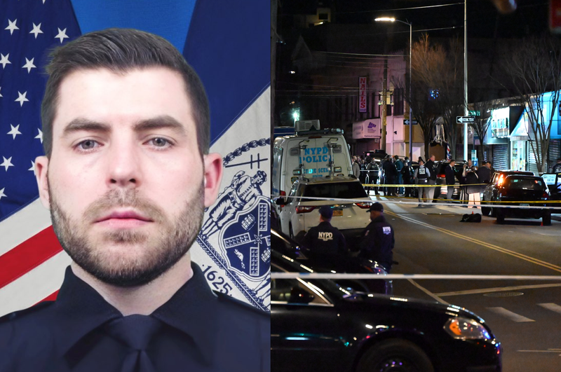 NYPD Officer Jonathan Diller (left) and the shooting scene on Mott Haven in Far Rockaway on Monday night (right)