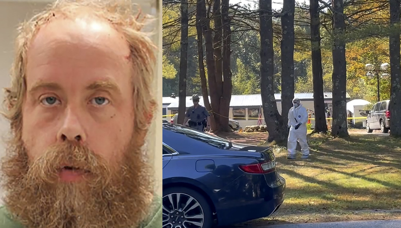 Left: Craig N. Ross at the Saratoga County Sheriff's Office. Right: New York State police and crime scene investigators walk across the property in Ballston Spa, N.Y., on Oct. 3, 2023, where Craig N. Ross Jr. was allegedly found with 9-year-old Charlotte Sena