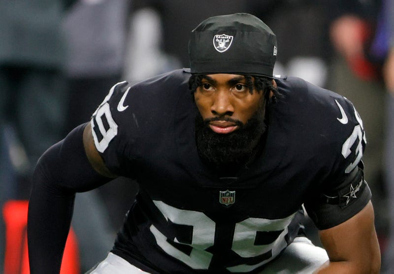 Las Vegas Raiders' cornerback Nate Hobbs stretches before a game
