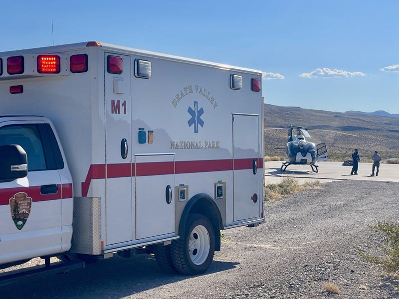 The National Park Service ambulance and Mercy Air’s air ambulance at the landing zone at 3,000 feet just east of Death Valley National Park’s CA-190 east entrance