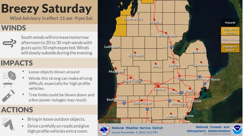 Map of Michigan depicting areas affected by wind advisory.