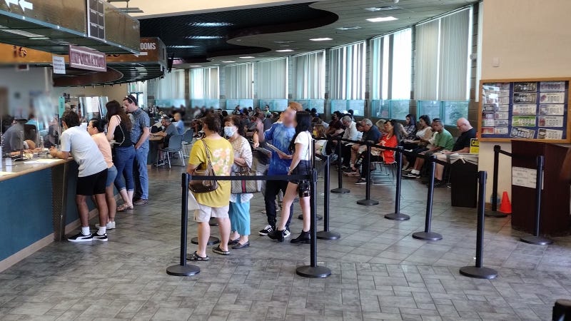 Customers wait in line at a Nevada DMV location