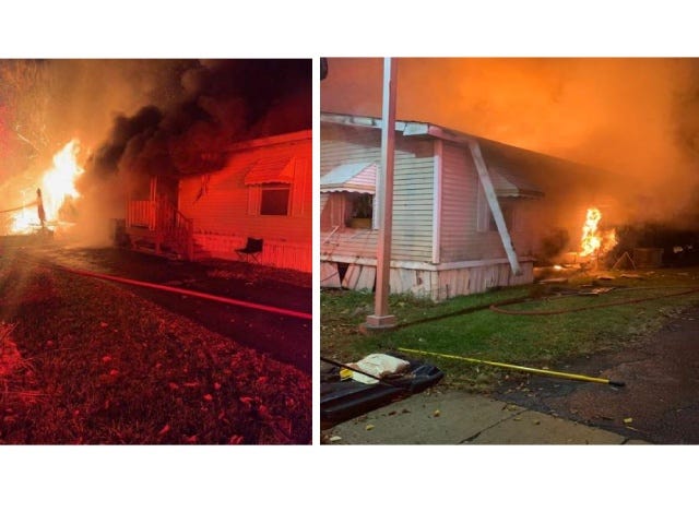 Two photos of a mobile home fire. The back half of the mobile home is completely engulfed in flames. Debris is scattered around the yard.