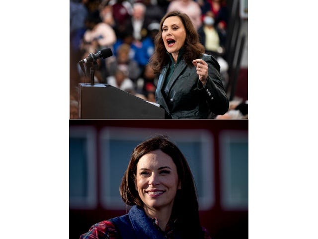 Michigan Governor Gretchen Whitmer speaks to a crowd at Renaissance High School during a campaign rally for Michigan Democrats. And Republican gubernatorial candidate Tudor Dixon looks on before she speaks during a "fall family" rally at Mueller's Orchard