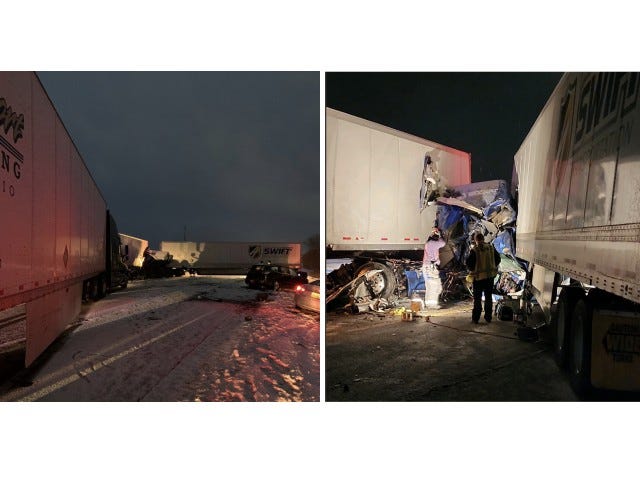 First responders help passengers and survey the aftermath of a multi-vehicle crash involving three semi trucks and three cars on I-94 in Chelsea, Michigan.
