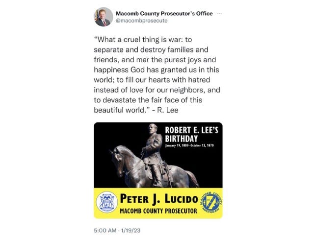 Twitter post from Macomb County Prosecutor's Office highlighting Confederate General Robert E. Lee