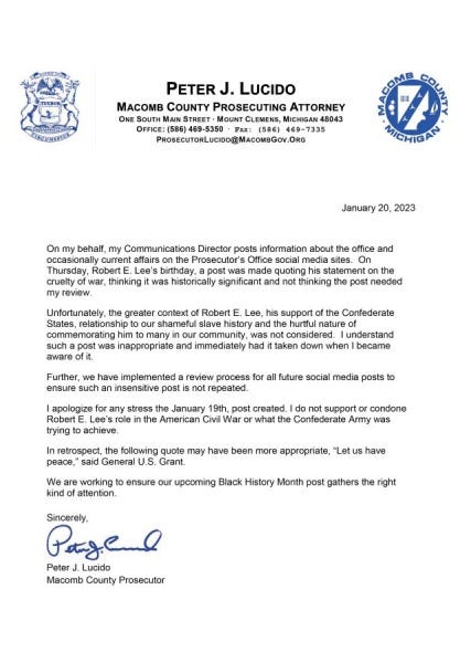 Macomb County Prosecutor Pete Lucido's statement on insensitive Robert E. Lee social media post