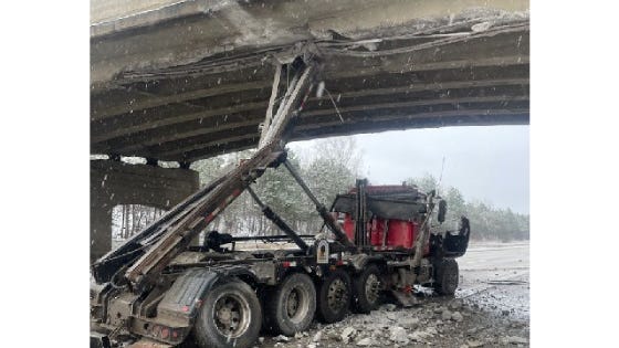 Eastbound I-94 in Ann Arbor could be closed for a week after semi smashes into Liberty Street overpass