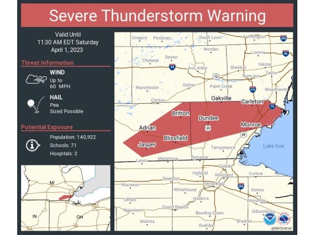 Severe thunderstorm warning map showing areas impacted by high winds and hail in Monroe and Lenawee counties.