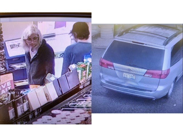 Photos of surveillance footage from an upper peninsula gas station. One picture shows Suzette Cirigliano and one of her sons in an aisle of the gas station. The other shows the family minivan in the gas station parking lot.