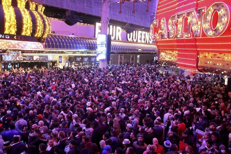 Revelers celebrate New Year's Eve on the Fremont Street Experience in downtown Las Vegas