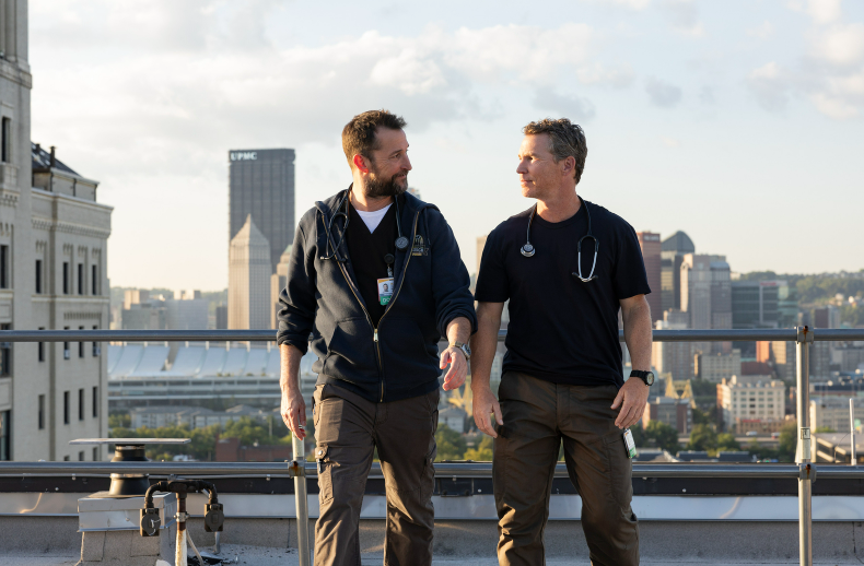 Noah Wyle and Shawn Hatosy on the set of THE PITT