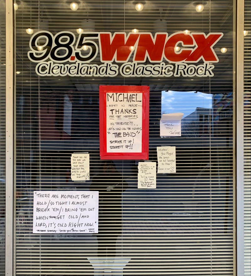 Handwritten notes left on the windows of the WNCX studios