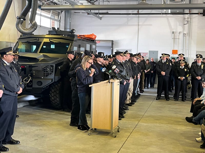 Terri O'Connor speaks at the five-year memorial for her husband, Sgt. James O'Connor on March 13. 2025.