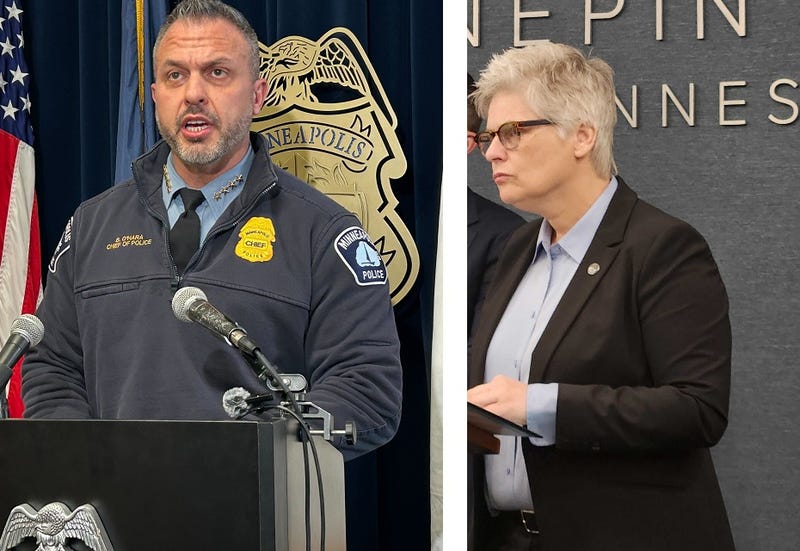 Minneapolis Police Chief Brian O'Hara (left) and Hennepin County Attorney Mary Moriarty (right) who are in disagreement over possible charges for vandalism.