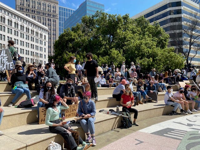 Bay Area residents gathered in Oakland on Friday afternoon to protest the recent violent attacks on Asian Americans.
