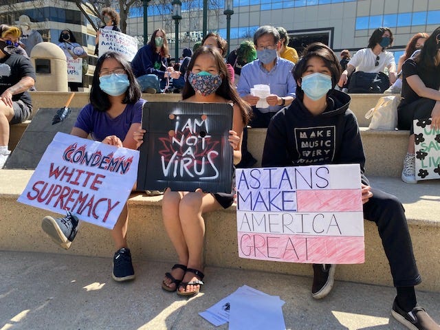 Bay Area residents gathered in Oakland to protest the recent violent attacks on Asian Americans.
