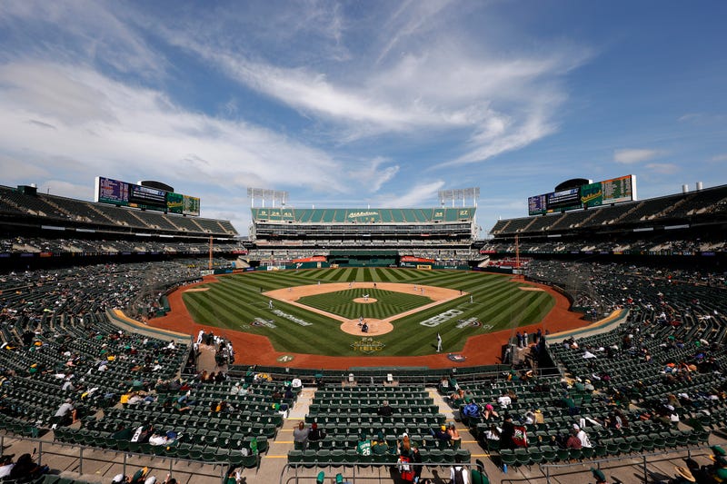A view from behind home plate of the Ring Central Coliseum in Oakland, CA