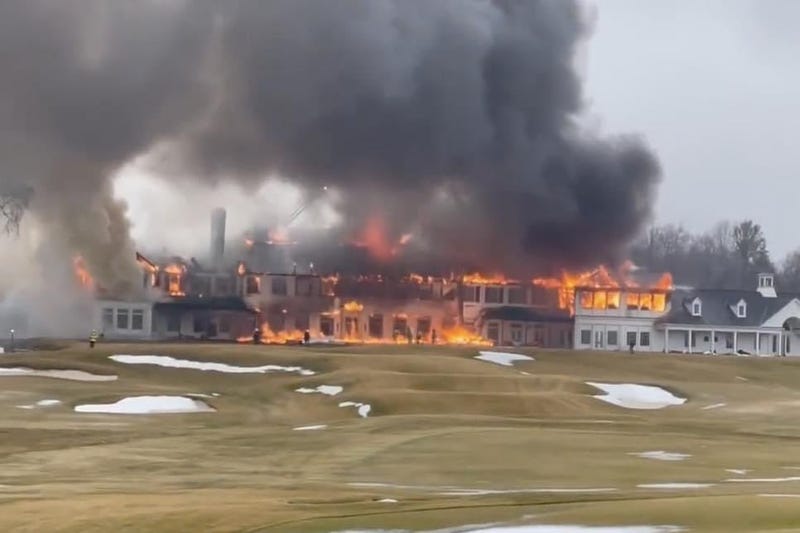 Priceless golf memorabilia is feared lost in a massive fire that continues to destroy the historic clubhouse at the Oakland Hills Country Club as multiple fire crews battle to keep the blaze under control.